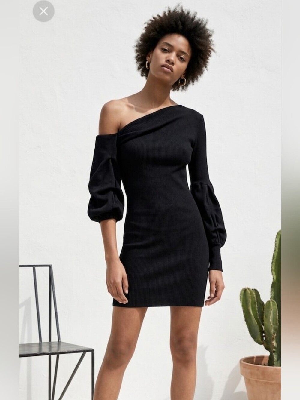 New ASOS Black Ribbed Square-Neck Puff-Sleeve Top